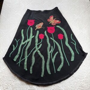 Elyse Hart Skirt 16 Black Tulip Butterfly Embroidered Midi Boho Whimiscal Rodeo